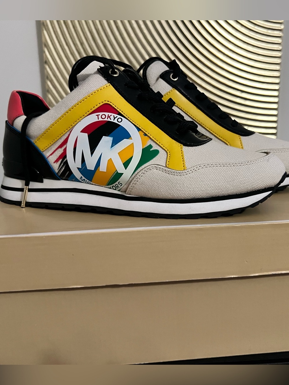 Michael Kors Kids White Beige & Yellow MK Tokyo Logo Sneakers